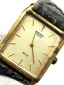 【電池切れ】SEIKO セイコー クォーツ 腕時計 ゴールド文字盤 スクエア レザーベルト SX レディース
