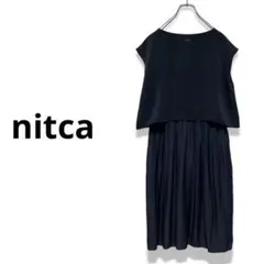 nitca ランバンサテン重ねワンピース　フレンチスリーブ　ひざ丈　ネイビー