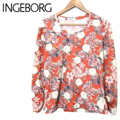 M387-F-S◆ ingeborg インゲボルグ 長袖カットソー Tシャツ 総柄 トップス ◆ size9 ポリエステル100 オレンジ 古着 レディース 春