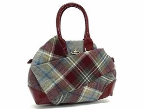 1円■美品■ Vivienne Westwood ヴィヴィアン オーブ キャンバス×パテントレザー チェック柄 ハンドバッグ トート グレー系 FB8463