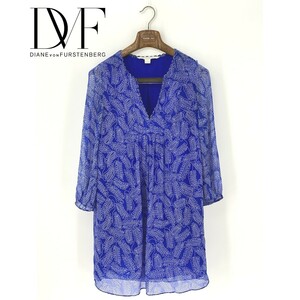 A9783/春夏 DIANE von FURSTENBERG ダイアン シルク100% ボタニカル柄 総柄 Vネック 長袖 ミニ ワンピース チュニック 2 M程 青 レディース