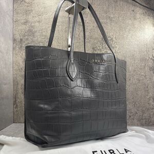 【現行 極美品】フルラ FURLA クロコダイル 型押し トートバッグ ビジネスバッグ レザー ロゴメタル 肩掛け グレー メンズ 本革 A4 