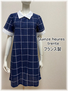 美品フランス製 Quinze heures trente 襟付 チェック柄半袖ワンピース 紺×白 クラシカル清楚ワンピース　Mサイズ　綿混素材