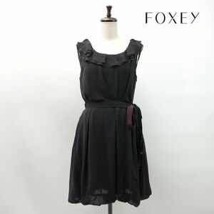 美品 FOXEY NEWYORK フォクシーニューヨーク フリルデザインシフォンバルーンワンピース 膝丈 裏地無し レディース 黒 茶色 サイズ40*NC769