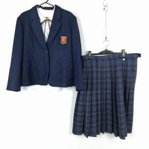 1円 ブレザー チェックスカート 紐タイ 上下4点セット 180A 大きいサイズ 冬物 女子 学生服 奈良大学附属高校 紺 制服 中古 ランクC NA8388