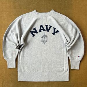 美品90s刺繍タグNAVYチャンピオンChampionリバースウィーブ ビンテージ スウェットシャツREVERSE WEAVE古着グレーネイビーUS NAVAL ACADEMY