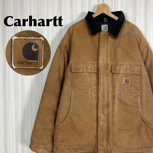 ☆入手困難☆ Carhartt カーハート 革ロゴ 襟コーデュロイ ダック トラディショナルコート 中綿入 キルティング裏地 2XL キャメル 古着