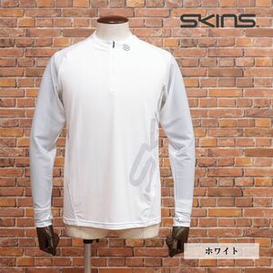 1円/SKINS/Mサイズ/ハーフジップ カットソー 吸水速乾 ストレッチ ウォッチウインドウ ランニング スポーツ 長袖 新品/白/ホワイト/jd206/