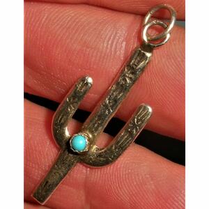 超希少!VTG NAVAJO 1940’s CACTUS SILVER TURQUOISE PENDANT CHARM USA MADE ZUNIナバホビンテージカクタスターコイズシルバーペンダント