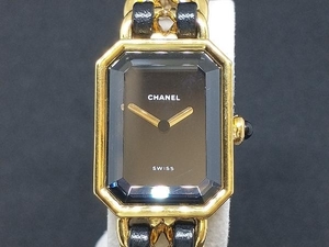 OH済 CHANEL シャネル プルミエール クォーツ レディース 腕時計 GP ブラック文字盤 レザー 店舗受取可