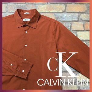 ME9-666★USA直輸入★レンガ色【Calvin Klein カルバン・クライン】ストレッチ ワイドカラー ドレスシャツ【メンズ L】長袖 USA古着