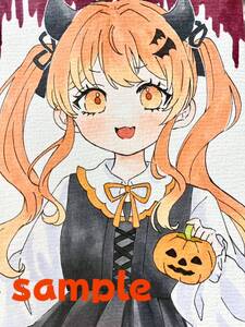 手描きイラスト オリジナル 女の子 原画 アナログ コピック ツインテール ハロウィン 角 かわいい ロリ ハガキサイズ