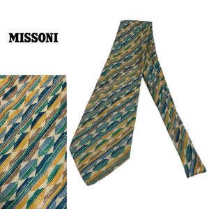 MISSONI VINTAGE ミッソーニ ヴィンテージ MADE IN ITALY イタリア製 マルチカラー柄 シルクネクタイ グリーンブルーイエロー系 アーカイブ