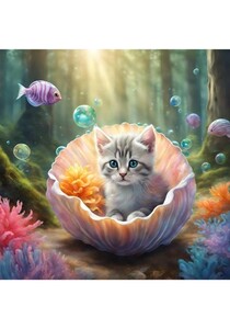 子猫　魚　森　貝殻　ねこ　ＡＩイラスト 絵画　絵　インテリア　Ｌ版プリント 
