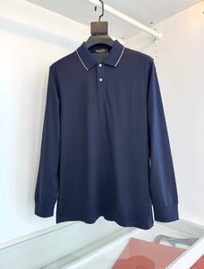 Loro Piana　ロロピアーナ メンズ長袖ポロシャツ Tシャツ トップス カットソー ネイビー 2XLサイズ 無地 紳士服 秋物 SUPIMA綿