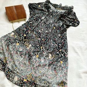 【美品】ツモリチサト TSUMORI CHISATO◆ストレッチ素材 ゆったり チュニックワンピース 黒 ブラック 総柄 サイズ2 y23053008