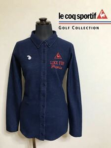 【美品】 le coq sportif GOLF ルコック ゴルフ レディース ボタンダウン シャツ トップス サイズL 長袖 ネイビー デサント QGL1422