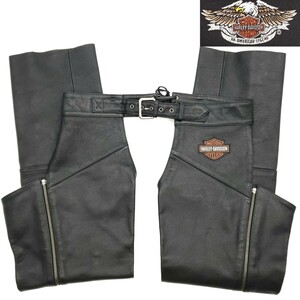 肉厚良品◆HARLEY-DAVIDSON◆W37～40位レザーチャップス黒メンズXLハーレーダビッドソン本皮オーバーパンツ本革パンツ－リングバイカー 856