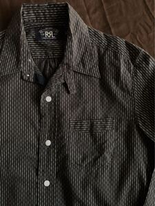 【希少】極美品 RRL BLACK STRIPE WORK SHIRT ダブルアールエル 墨黒 ブラック ストライプ 総柄 ワーク ドレス シャツ XS 