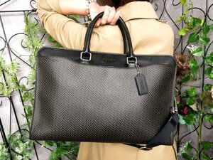 ●超美品●COACH コーチ●メンズ●ヘリンボーン プリント●PVC カーフ レザー 本革●2way ブリーフケース●黒 グレー●A4 収納●Js54765