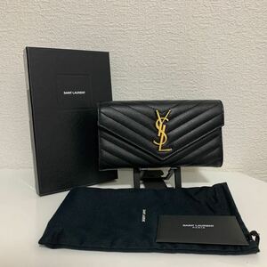 美品　 SAINT LAURENT サンローラン YSL Vステッチ ゴールド金具 レザー 長財布 付属品あり ブラック