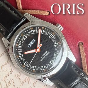 ■美品■オリス■ORIS 手巻き機械式1980年代ヴィンテージメンズ腕時計アンティーク即納 男性人気ブランド 黒橙175