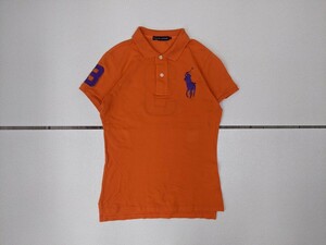 13．状態良好 ラルフローレン RALPH LAUREN 鹿の子 ビッグポニー 半袖ポロシャツ レディースL オレンジ紫x705