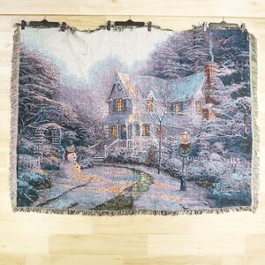 I11T/O1.9-3　アメリカ古着　Thomas Kinkade　トーマスキンケード　絵画　風景　雪景色柄　ラグ　カーペット　ブランケット　マット　絨毯