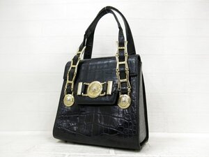 ◆美品◆GIANNI VERSACE ジャンニ・ヴェルサーチ◆クロコ型押し◆レザー 本革◆ハンド バッグ◆ブラック G金具◆太陽神◆腕掛け◆A9794