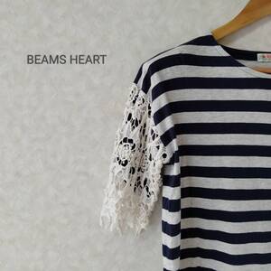 BEAMS HEART ビームス ハート トップス シャツ ボーダー レース ラウンドネック 半袖 レディース サイズ ネイビー SJJ130