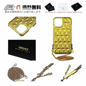 L088.. VERSACE ヴェルサーチ iPhone 12 12Pro ケース スマホ チェーン ストラップ ロゴ イタリア製 ★ ゴールド