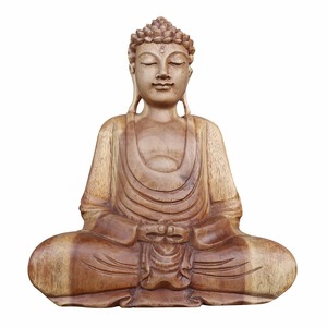 ブッダの木彫り 31cm 座像 スワール無垢材 木製仏像 仏陀置物 釈迦 観音菩薩 ブッダオブジェ 080724