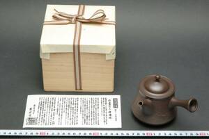 5751 常滑焼 沢田豊山 平急須 松皮 茶注 急須 窯変 茶壷 横手急須 煎茶道具 木箱付