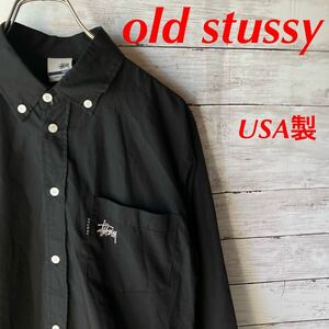 【超希少 old stussy】ステューシー USA 長袖シャツ ストックロゴ 刺繍 胸ポケ 黒 銀タグ Stock logo shirt ボタンダウン 