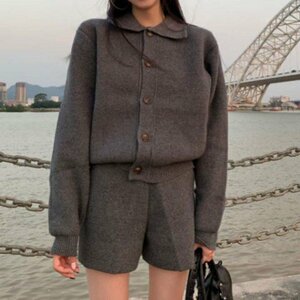 セットアップ 韓国風 レディース服 ゆったり シンプル カジュアル きれいめ ニット L ブラック