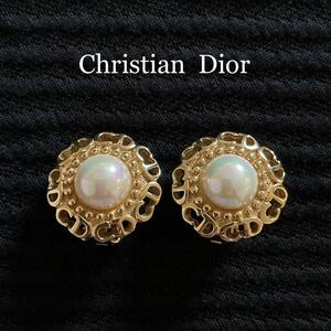 Christian dior クリスチャン・ディオール ロゴ フェイクパール イヤリング ゴールドカラー ヴィンテージ