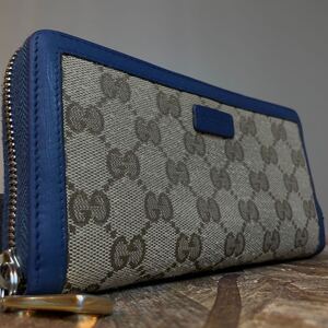 1円　美品　 GUCCI ラウンドファスナー　 グッチ　 レザー　ウォレット　 黒　マーモント　シェリー　 長財布　バンブー　ネイビー