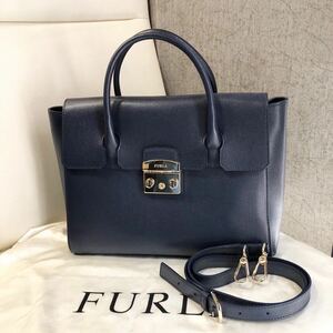 【1円売切】FURLA フルラ 2WAY ショルダーバッグ トートバッグ ハンドバッグ レザー ネイビー 紺色 極美品 ☆