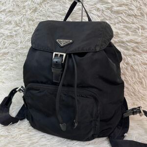 1円【極美品】PRADA プラダ 巾着型 リュック デイパック バックパック ステートナイロン レザー トライアングル 三角 白タグ レディース 黒