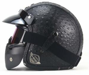 ハーレーヘルメット バイクヘルメット ジェットヘルメット PUレザー バイザー付き ゴーグル マスク付 カラー:E サイズ:XL