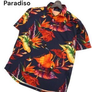 美品★ Paradiso パラディーゾ ロゴ刺繍 鳥 バード リーフ総柄 半袖 ストレッチ ポロシャツ Sz.L　メンズ ネイビー ゴルフ　C4T03155_4#A