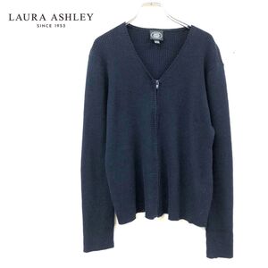 1D1906-W-N◆Laura Ashley ローラアシュレイ 綿ニットカーディガン ジップアップ Vネック リブ 長袖 レディース◆size:L ネイビー コットン