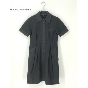 A7692/美品 春夏 MARC JACOBS マークジェイコブス コットン おしゃれボタン 総柄 プリーツ フレア 半袖 膝丈 ワンピースS程 4黒/レディース