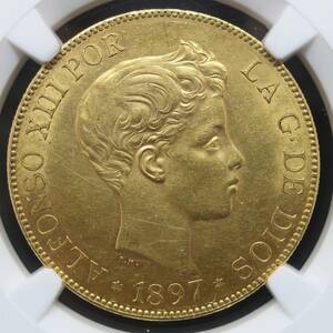 スペイン アルフォンソ13世 100ペセタ 金貨 1897(97) SGV MS60 NGC 鑑定済みアンティークコイン 資産防衛