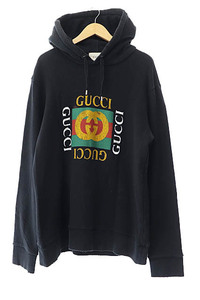 グッチ GUCCI 18SS オールド ロゴ ユーズド 加工 プルオーバー パーカー 454585 XL 黒 ブラック ブランド古着ベクトル ☆AA★ 240526 メン