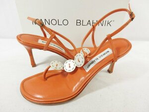 未使用 【マノロブラニク MANOLO BLAHNIK】 Tストラップ 貝ボタン付き サンダル 婦人靴 (レディース) size37 オレンジ系 □30LZ4725□