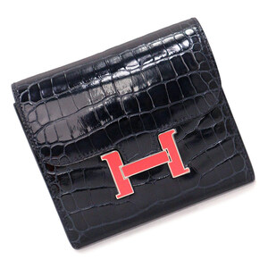 （新品・未使用品）エルメス HERMES コンスタンス コンパクト 二つ折り財布 アリゲーター エキゾチックレザー ブルーマリン 紺 X刻印 箱付