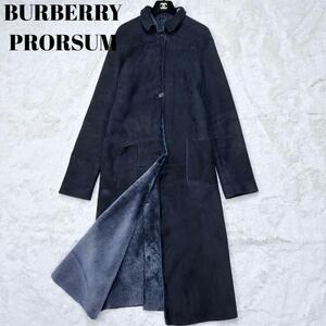 最高級/希少/希少実寸XL/バーバリープローサム◎BURBERRY PRORSUM ムートンコート 長袖 ミモレ丈 ブラック 黒 シアリングレザー 羊毛 38 M 