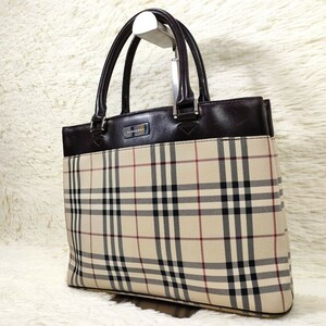 美品 BURBERRY バーバリー ノバチェック ハンドバッグ トートバッグ ベージュ キャンバス レザー レディース 手提げ鞄 ロゴプレート