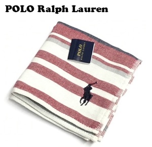 【POLO RALPH LAUREN】（NO.0510）ポロ ラルフローレン ガーゼハンカチ　白×赤系　ポニー刺繍　未使用　25cm